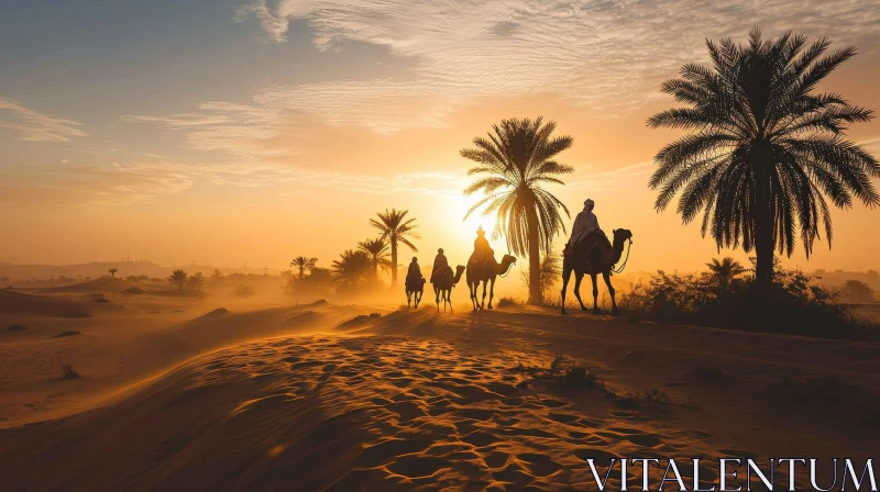 Desert Camel Riding at Sunset AI Image