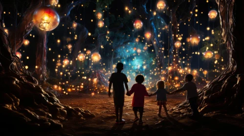 Enchanted Forest: Children and Lanterns in a Dreamlike Rendering