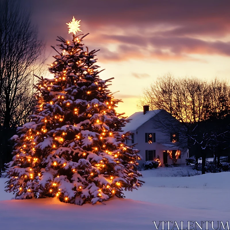 Festive Christmas Tree and House at Dusk AI Image