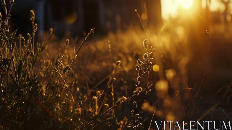 Golden Sunset: Close-up of a Serene Grass Field AI Image