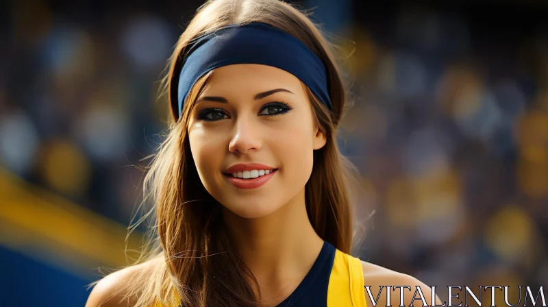 Joyful Young Woman Portrait with Blue Headband and Yellow Tank Top AI Image