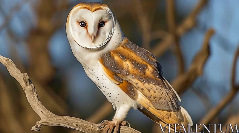 Majestic Barn Owl on Branch - Striking Wildlife Photography AI Image