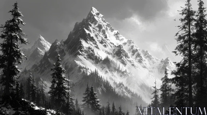 Majestic Snow-Capped Mountain in a Monochromatic Landscape AI Image
