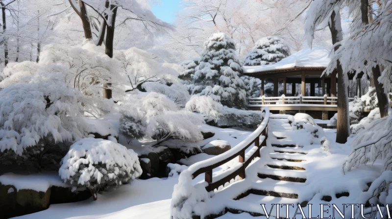 Snow Landscape Photography in a Japanese Garden AI Image