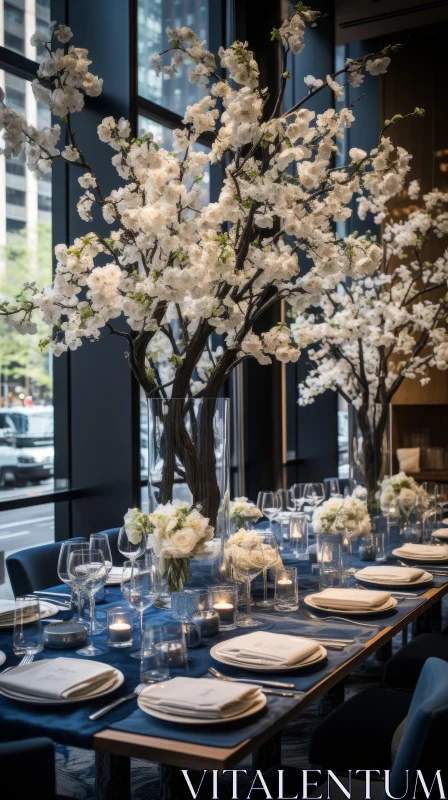 Spacious Dining Room with Elegant White Flower Decor AI Image