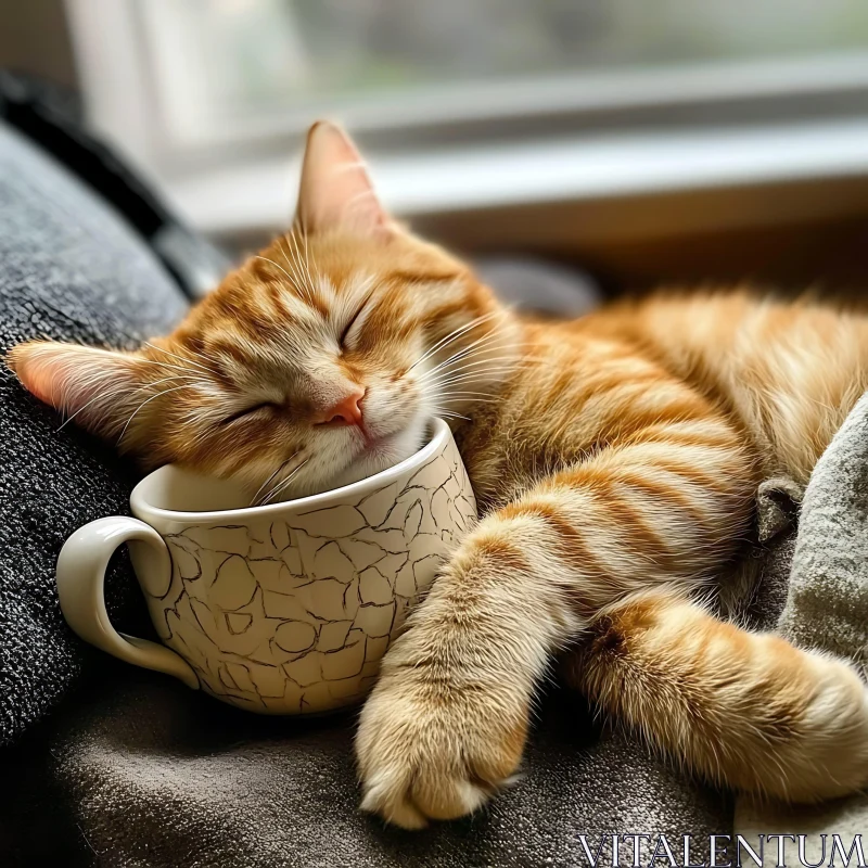 Cute Kitten Napping with Head in Cup AI Image