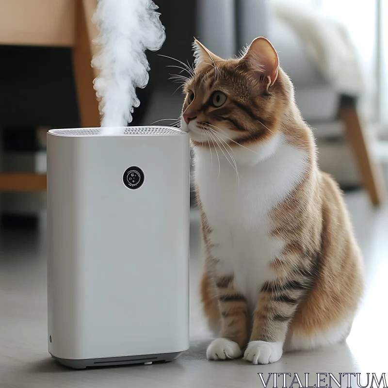 Cat Mesmerized by Humidifier Mist Indoors AI Image