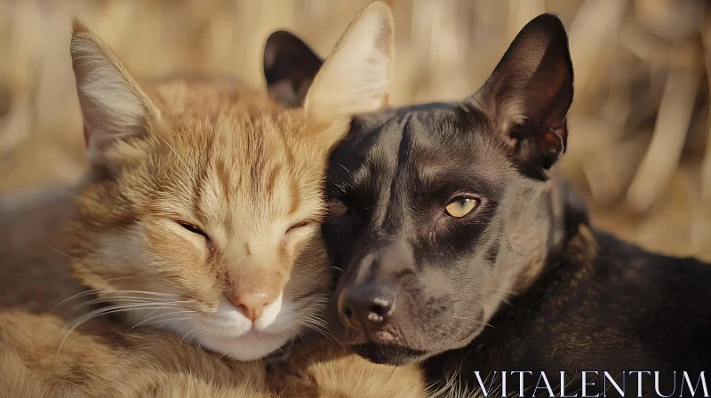 Pet Companionship: Cat and Dog Snuggling AI Image