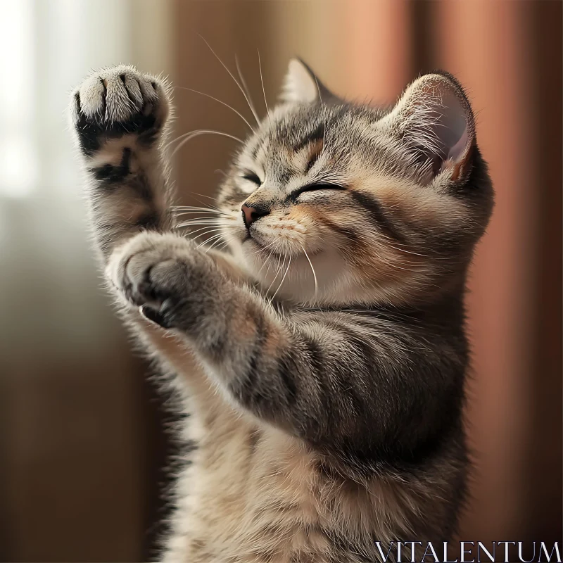 Adorable Kitten With Paws Raised and Eyes Closed AI Image