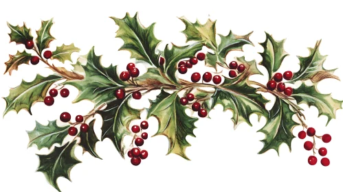 Nature-themed Holly Branch with Green Leaves and Red Berries