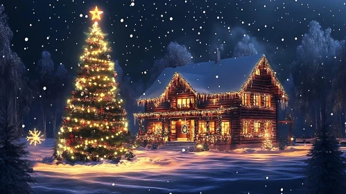 Festive Holiday Cabin with Decorated Christmas Tree and Snowfall