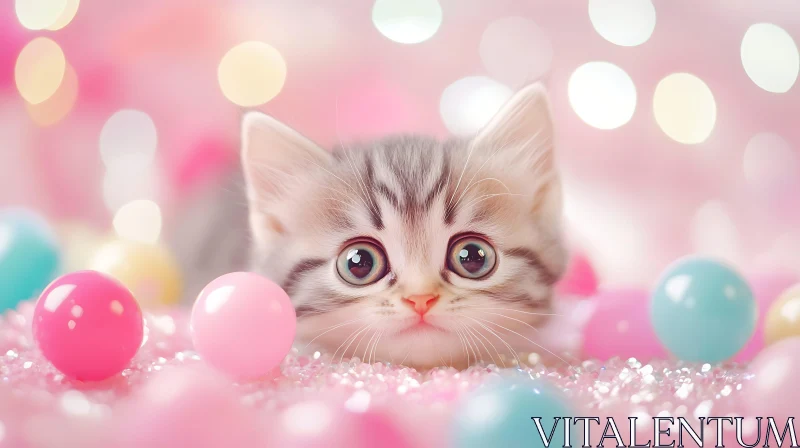 Cute Gray Kitten with Pink Pastel Balls AI Image