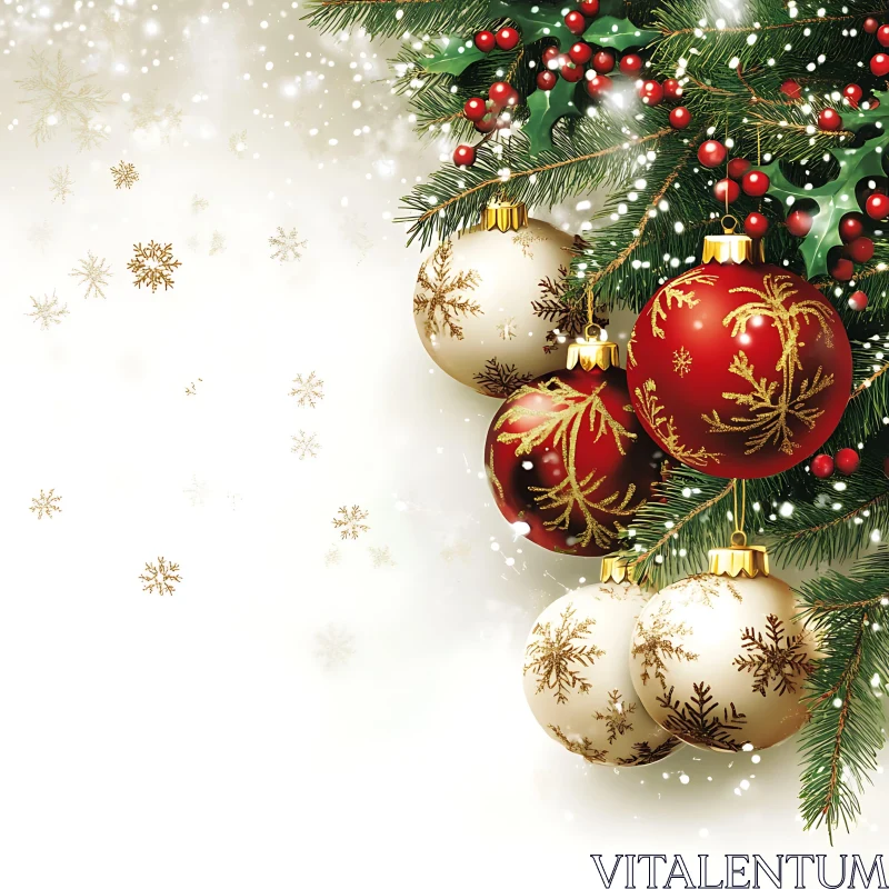 Christmas Decorations: Red and Gold Baubles with Snowflakes AI Image