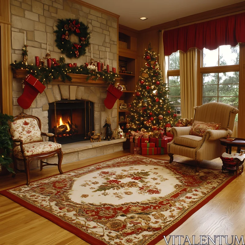 Festive Living Room with Christmas Decor AI Image