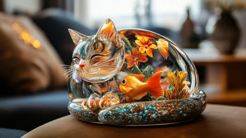 Artistic Cat Glass Sculpture with Goldfish