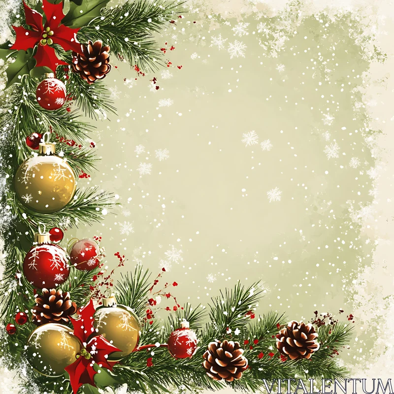 Holiday Decorations Frame with Pine Branches and Ornaments AI Image