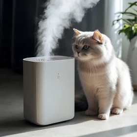 Cat Observing Humidifier Mist in a Cozy Home