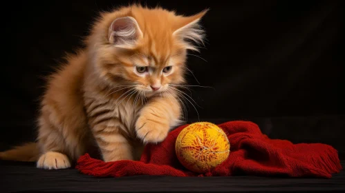 Adorable Ginger Kitten Playing with Yellow Ball of Yarn
