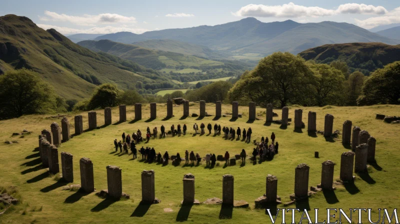 Ancient Stone Circles Amid Grassy Hills: A Celebration of Rural Life AI Image