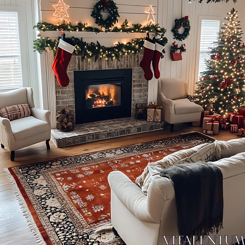 Festive Living Room with Christmas Tree and Stockings AI Image