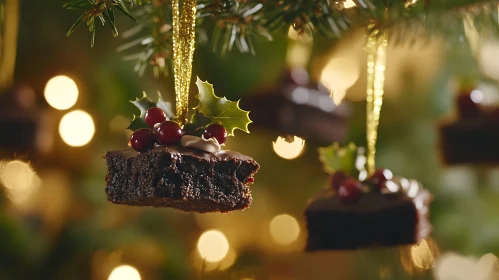 Holly-Decorated Chocolate Cake Ornaments on Christmas Tree