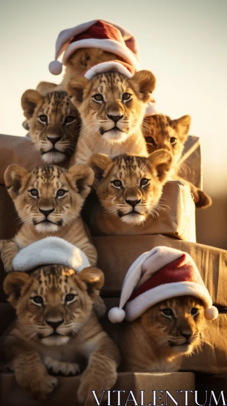 Captivating Lion Cubs with Santa Hats - Kitsch Aesthetic Photography AI Image