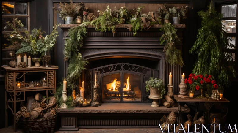 Christmas Fireplace Decoration: Romanticized View with Dark Bronze and Gold AI Image