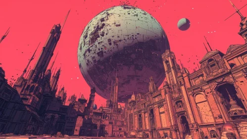 Cracked Moon Cityscape: Retro-Futuristic Digital Painting