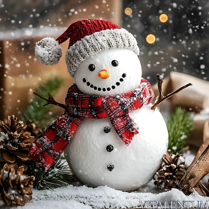 Festive Snowman with Red Checkered Scarf and Holiday Cheer AI Image