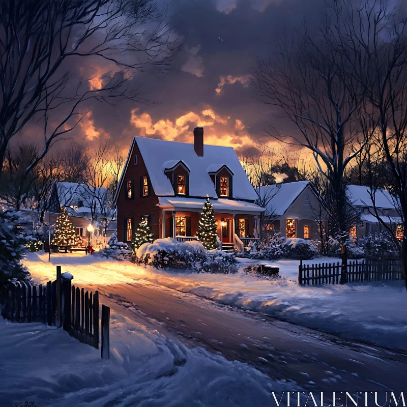 Winter Night Christmas House Adorned with Lights AI Image