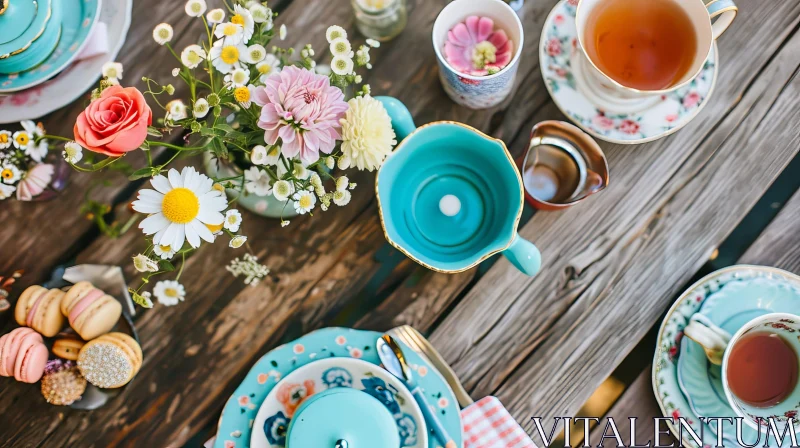 Elegant Tea Party Table Setting with Flowers and Pastries AI Image