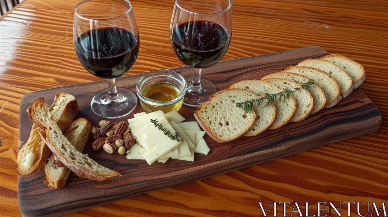 Rustic Charm: Artistic Still Life with Wine, Bread, Cheese, and Nuts AI Image