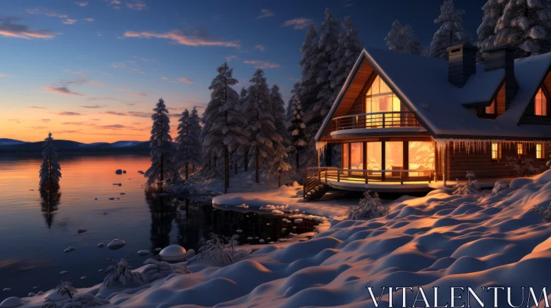 Snowy Lakeside Cottage Illuminated at Night AI Image