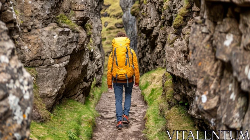 Solitary Hiker Amid Moss-Covered Rock Walls AI Image