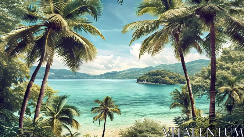 Tranquil Tropical Beach with Palm Trees AI Image