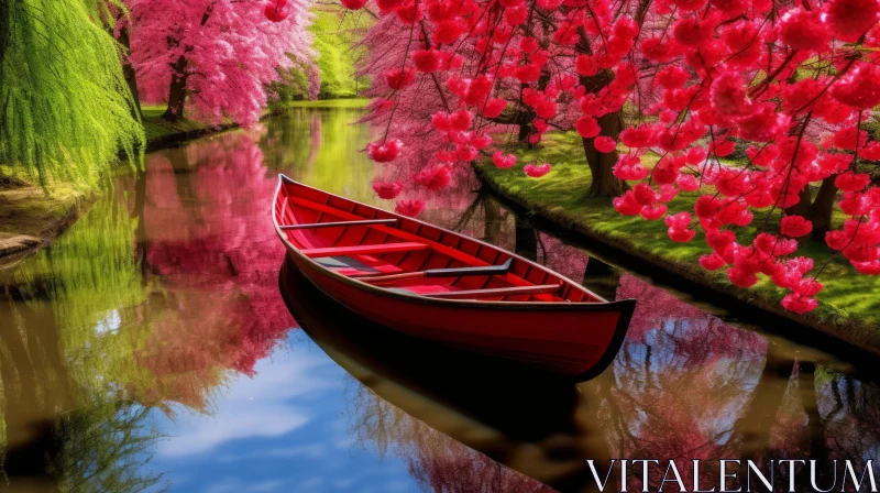 Vibrant Red Boat Floating in Cherry Blossom-Filled Fantasy Landscape AI Image