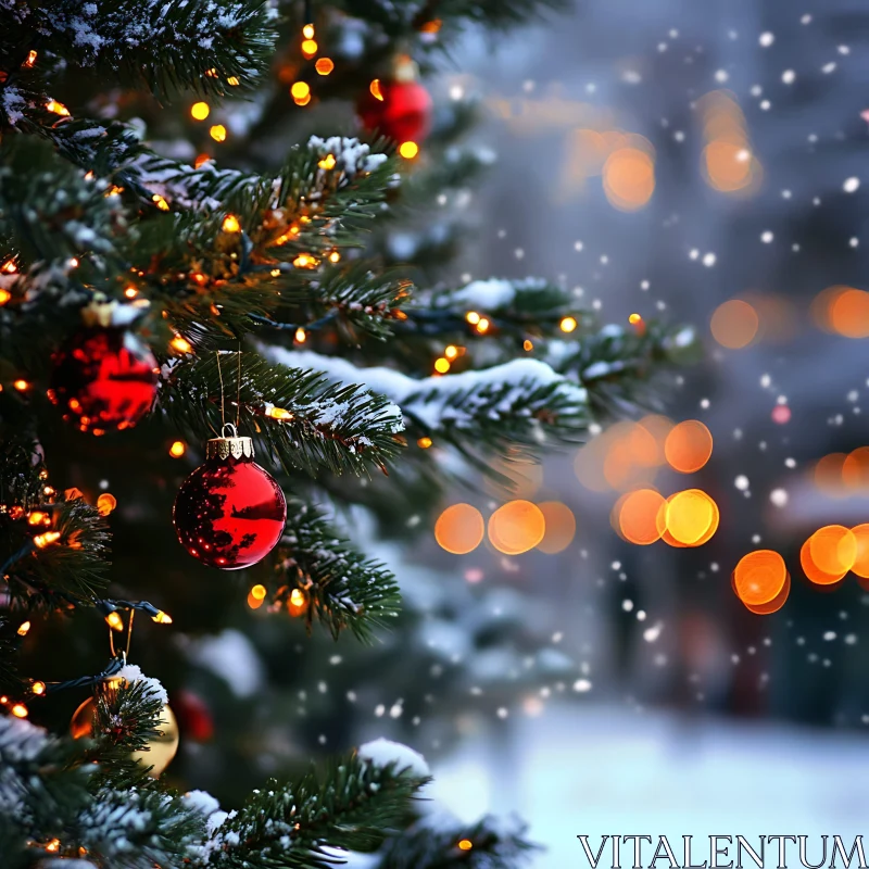 Festive Christmas Tree with Ornaments and Snowfall AI Image