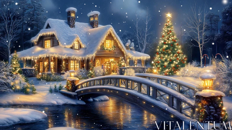 AI ART Holiday Cabin with Festive Lights and Snowy Bridge