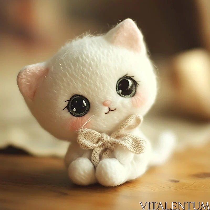 Cute White Plush Kitten with Bow AI Image