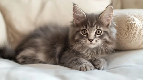 Charming Gray Kitten Resting on White Sofa