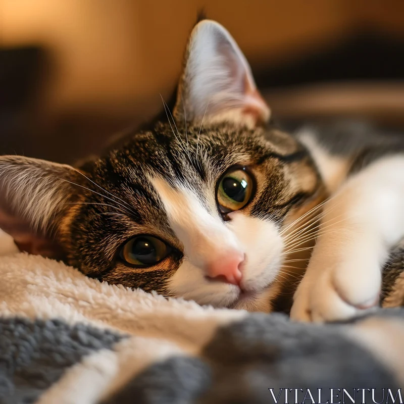 Intimate Cat Portrait on Soft Blanket AI Image