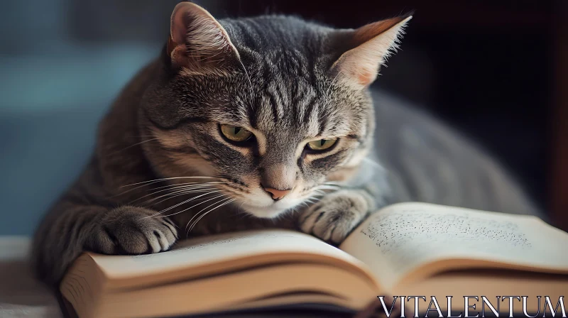 Curious Cat Engrossed in Reading AI Image