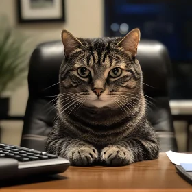 Focused Tabby Cat in Office