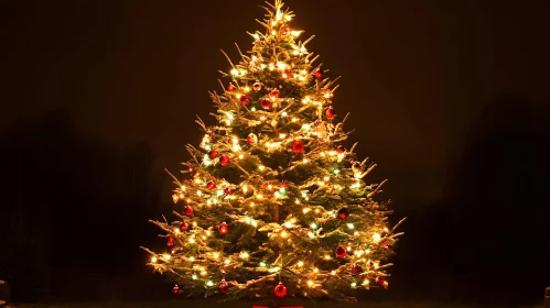 Illuminated Christmas Tree with Red Ornaments