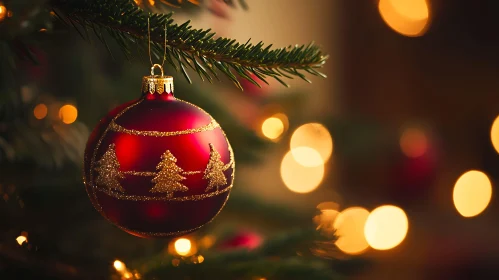 Festive Red Ornament on Christmas Tree