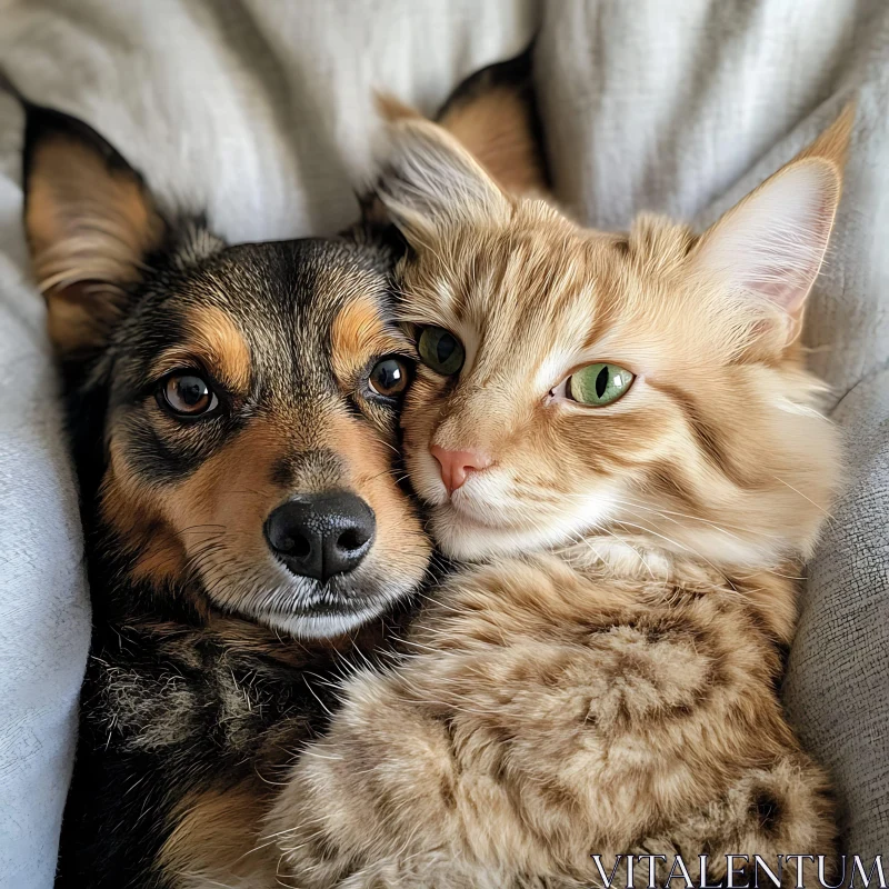 Dog and Cat Cuddling Close-Up - Furry Friends AI Image