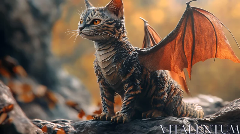 Mythical Cat-Dragon on Rock AI Image