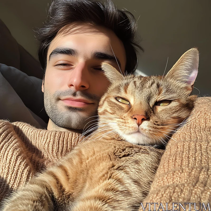 Warm Companionship: Man and Cat in Sunshine AI Image