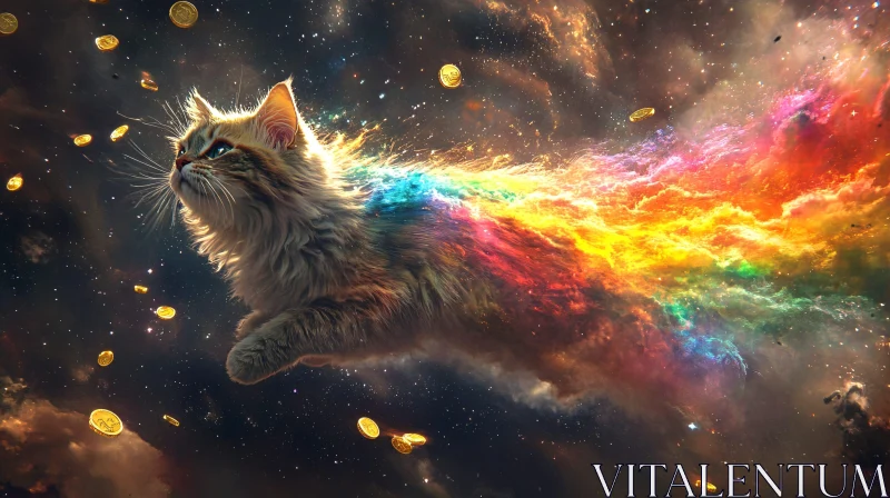 Cosmic Cat with Rainbow Trail and Golden Coins AI Image