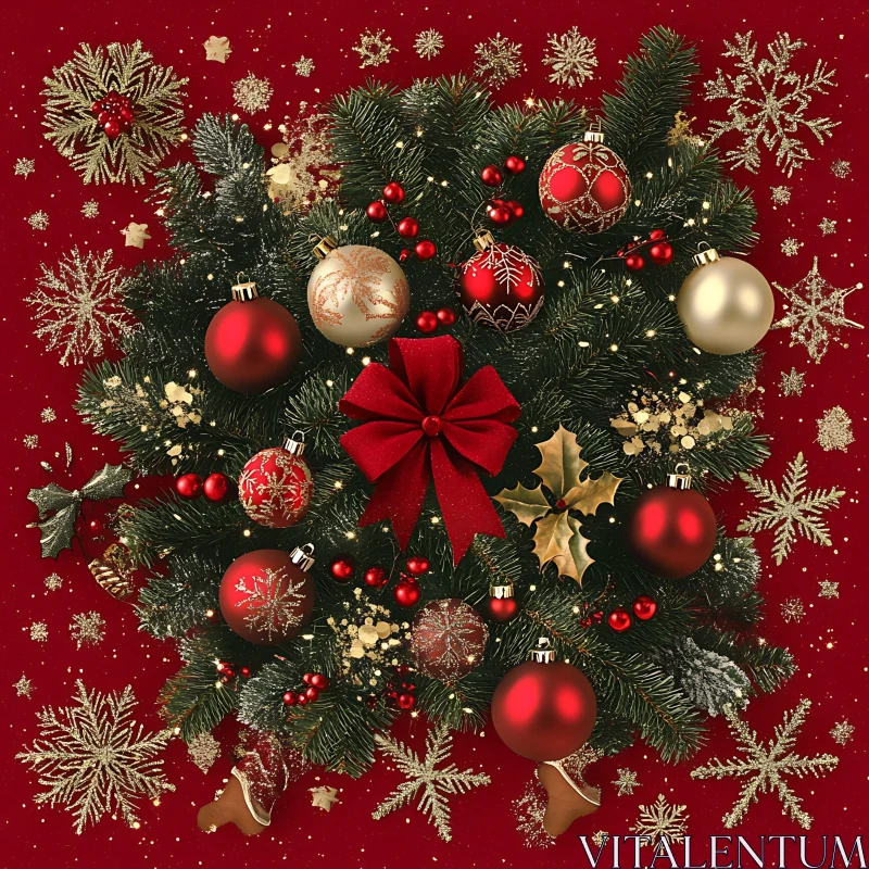 Holiday Wreath with Red Bow and Ornaments AI Image